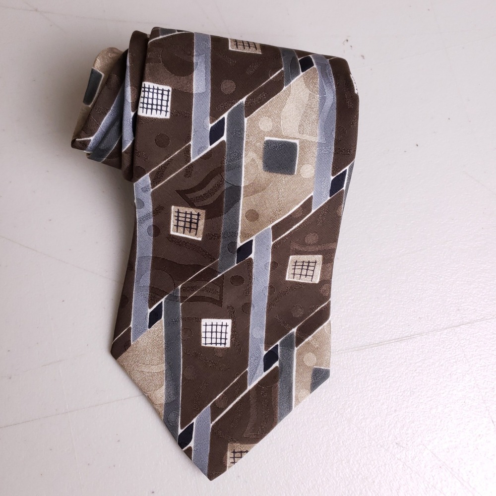Gianfranco Ruffini Silk Tie Mens Abstract Geometric Brown Gray Italy‎ Designer
